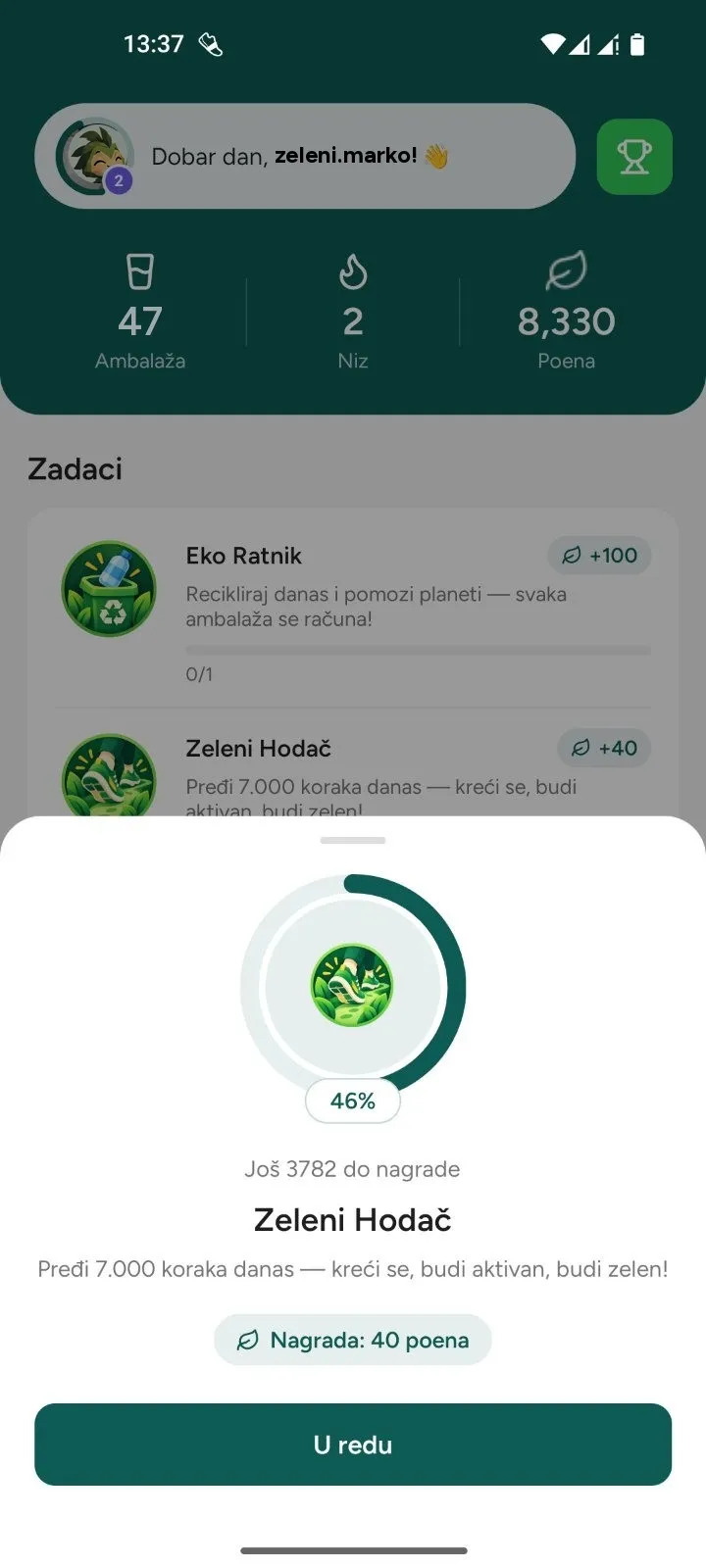 Dnevni zadaci sa napretkom i nagradom u poenima
