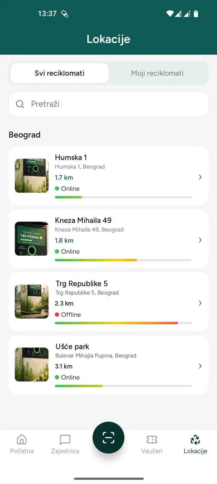 Lista Reciklomata u Beogradu sa udaljenošću i statusom uređaja