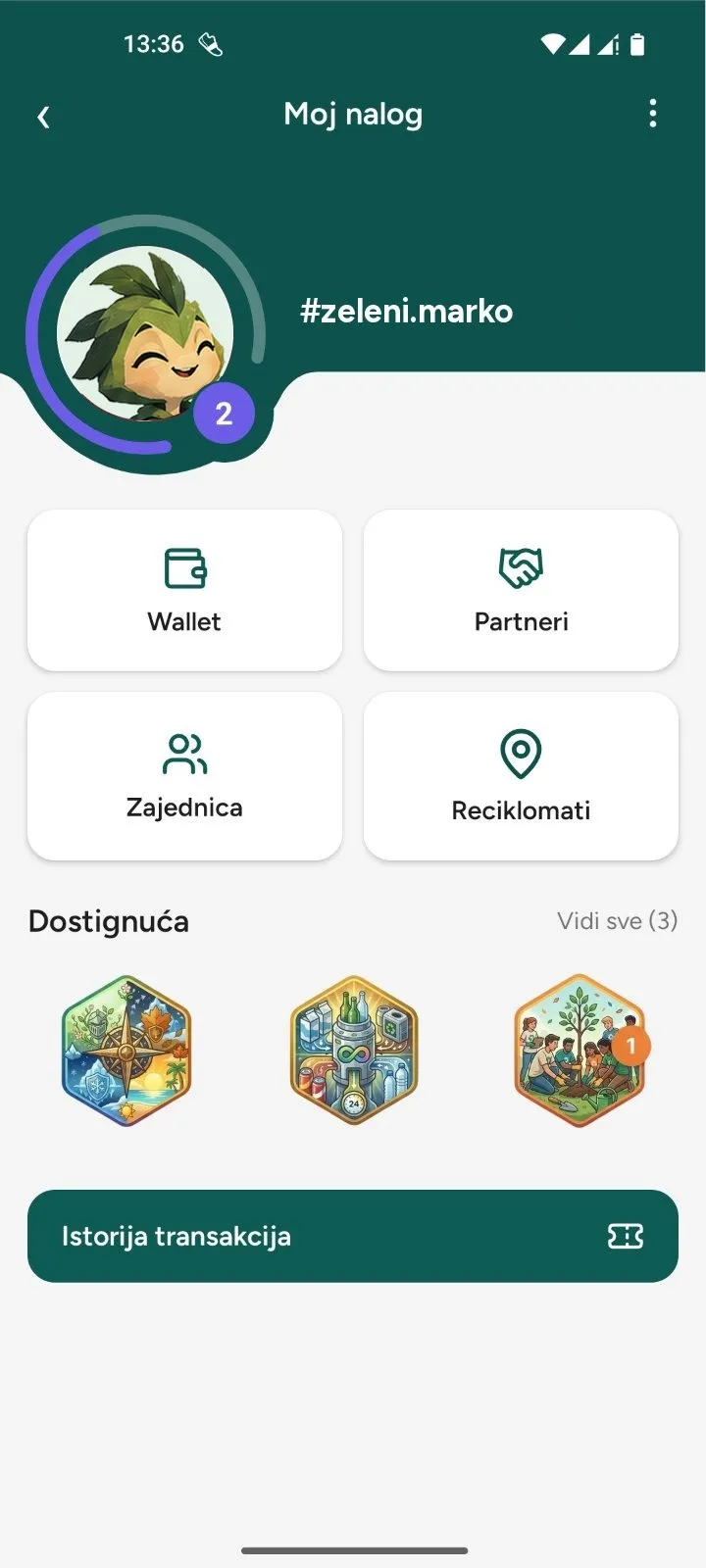 Profil korisnika sa avatarom, nivoom i dostignućima